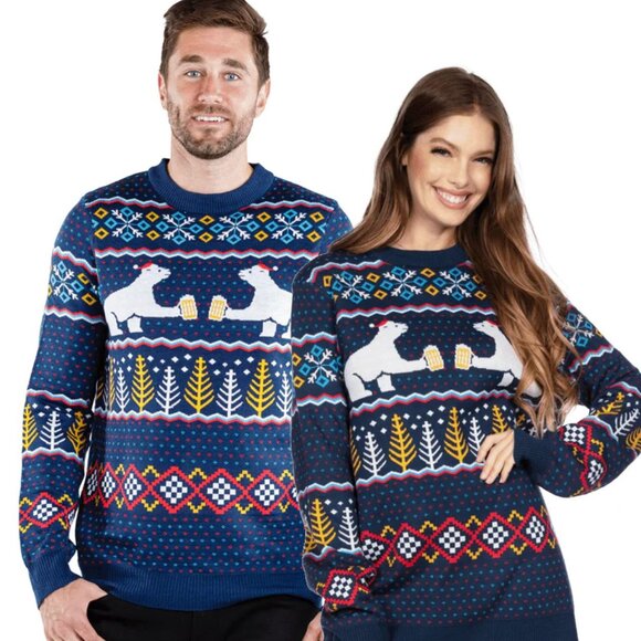 Tipsy Elves men Christmas Bear Drinking Sweater - Festive Blue Holiday Knitwear - Picture 4 of 7